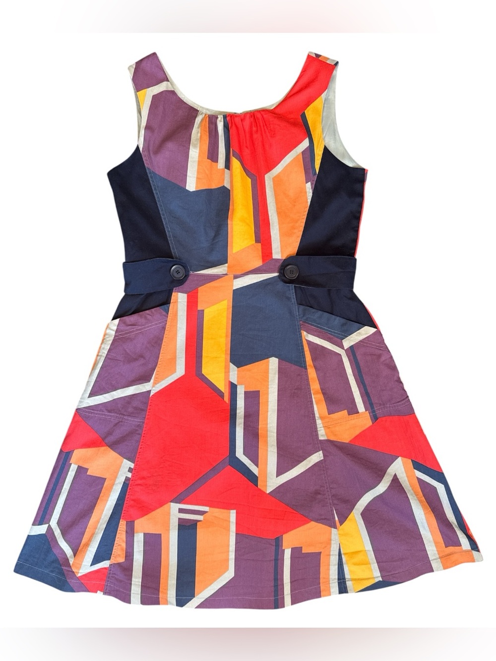 Anni Kuan Dress Womens Size 8 Multicolor Geometric Print A-Line w/ Button Tabs
